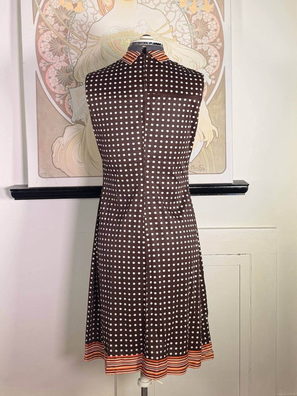 Women’s Vintage 60s Brown & Cream Polk Dot A-Line Mod Shift Dress w/ Scarf M - Picture 5 of 10